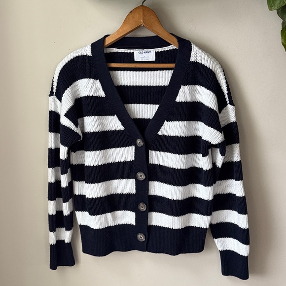 Old Navy Blue + White Striped Lightweight Shaker Stitch Cardigan - Picture 2 of 5